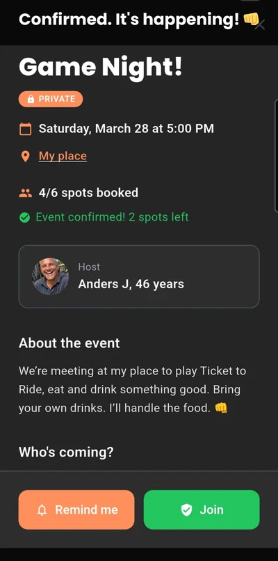 Game Night in the Buddies app — private event with 4 of 6 spots booked, confirmed