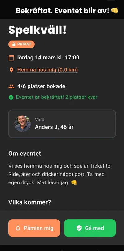Spelkväll i Buddies-appen — privat event med 4 av 6 platser bokade, bekräftat